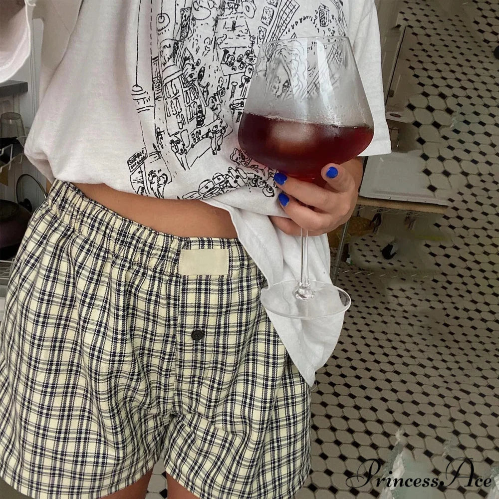 Y2K Gingham Boxer Stripes Button Elastic Waist Boxers Mini Bloomers Plaid Short BLACK / S