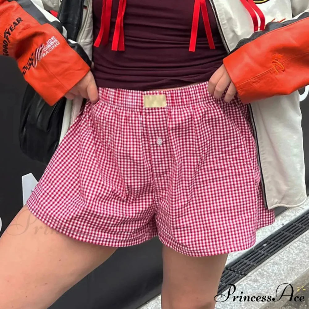 Y2K Gingham Boxer Stripes Button Elastic Waist Boxers Mini Bloomers Plaid Short PINK / S