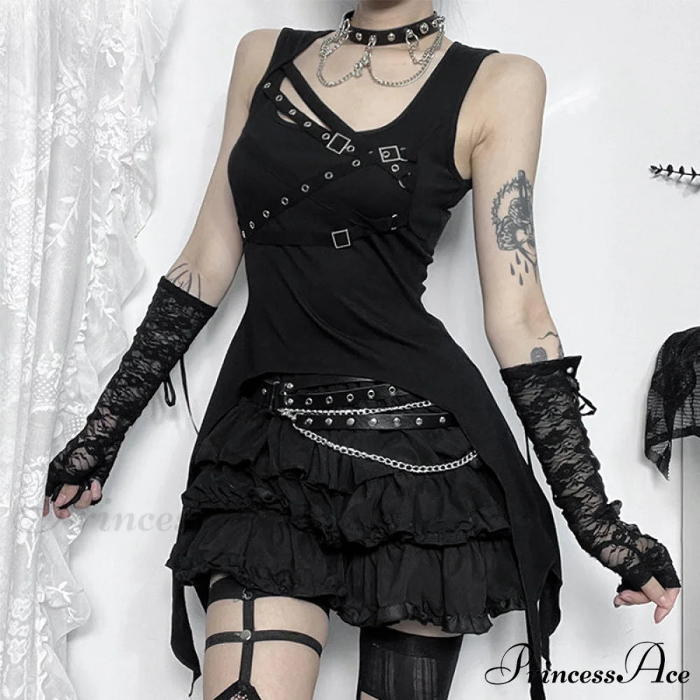 Y2K Goth Black Eyelet Irregular Sleeveless Slim Vintage Summer Crop Top Black / S
