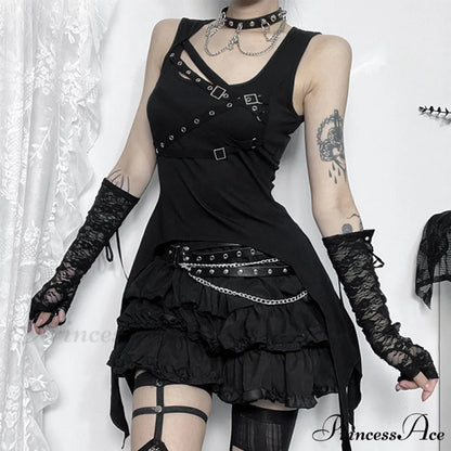 Y2K Goth Black Eyelet Irregular Sleeveless Slim Vintage Summer Crop Top Black / S