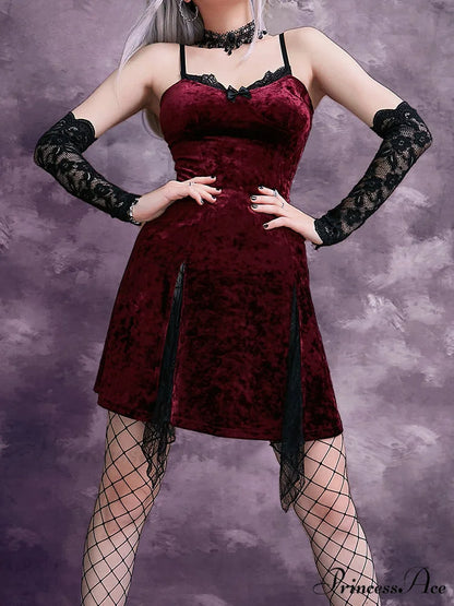 Y2K Gothic Vintage Sexy Mesh Velvet Mini Grunge Aesthetic Dark High Waist Slit Partywear Emo Lolita Clubwear Dress