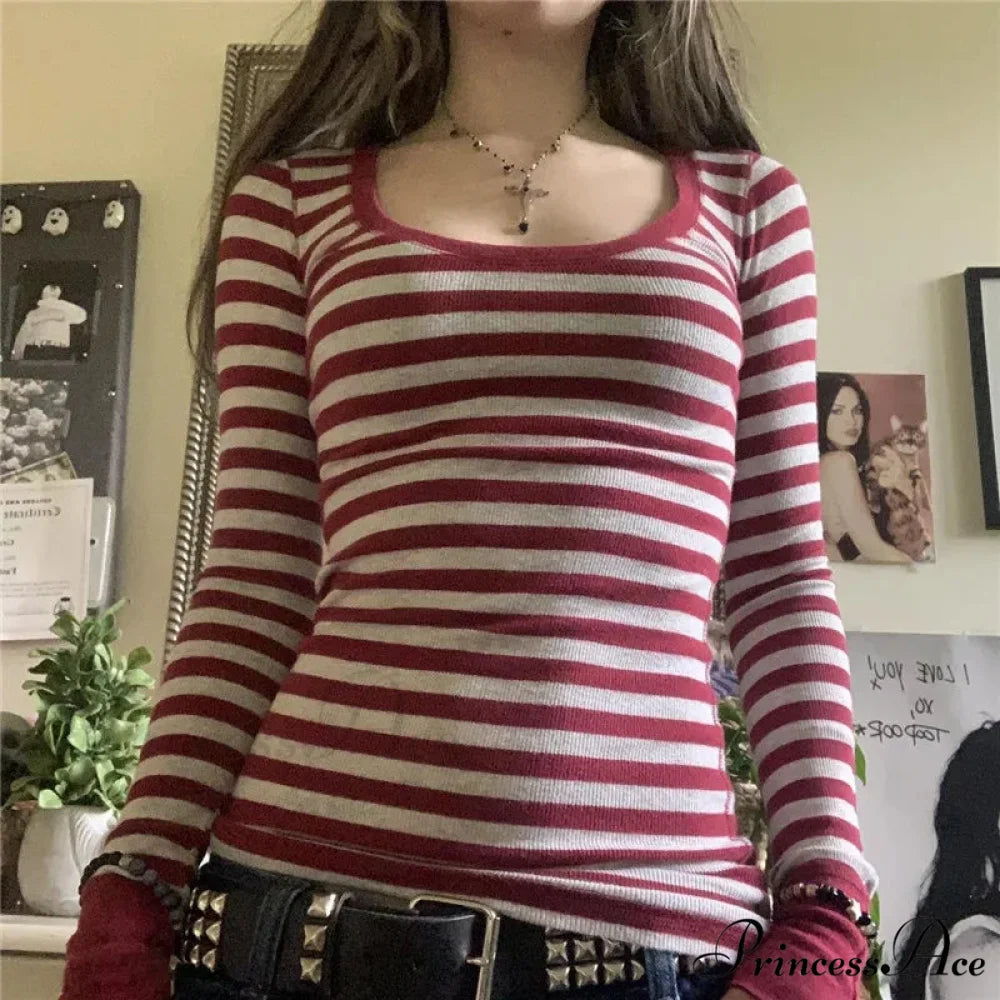 Y2K Grunge Banded Crew Neck Autumn Trim Fit Knit Top Red / S knittop-250126