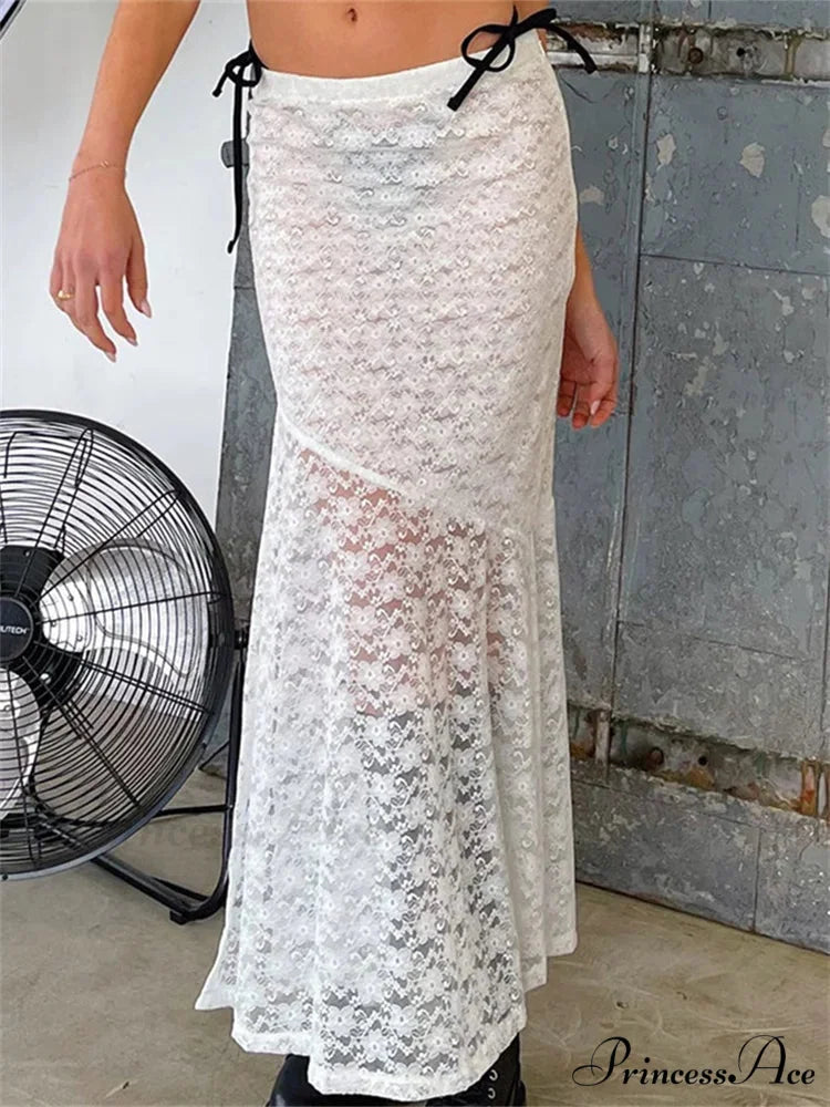 Y2K Grunge Lace Mesh Transparent Bow Tie Extended Skirt skirt-250126