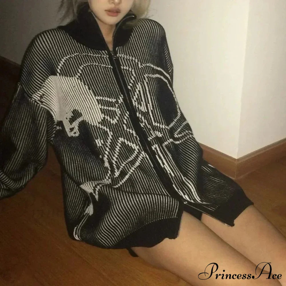 Y2k Harajuku Vintage Zip Up Oversized Autumn Streetwear Cardigan BLACK / S