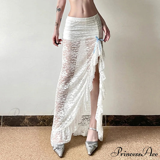 Y2K Ivory Bohemian Floral Lace Lower Waist Maxi Skirt White / S skirt-250126