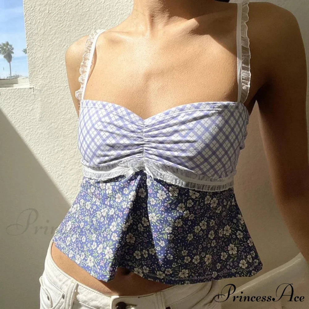 Y2K Lace Trim Checkered Floral Sleeveless Crop Top Blue1 / S croptop-250126
