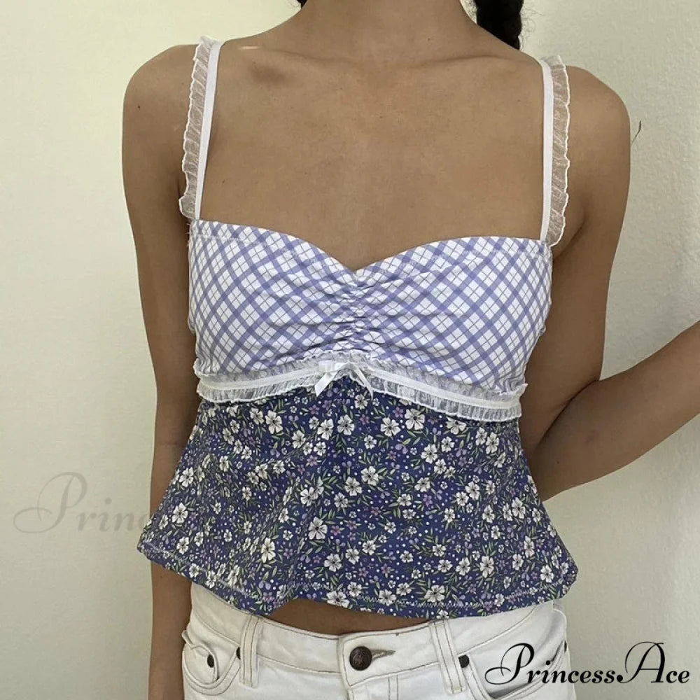 Y2K Lace Trim Checkered Floral Sleeveless Crop Top croptop-250126