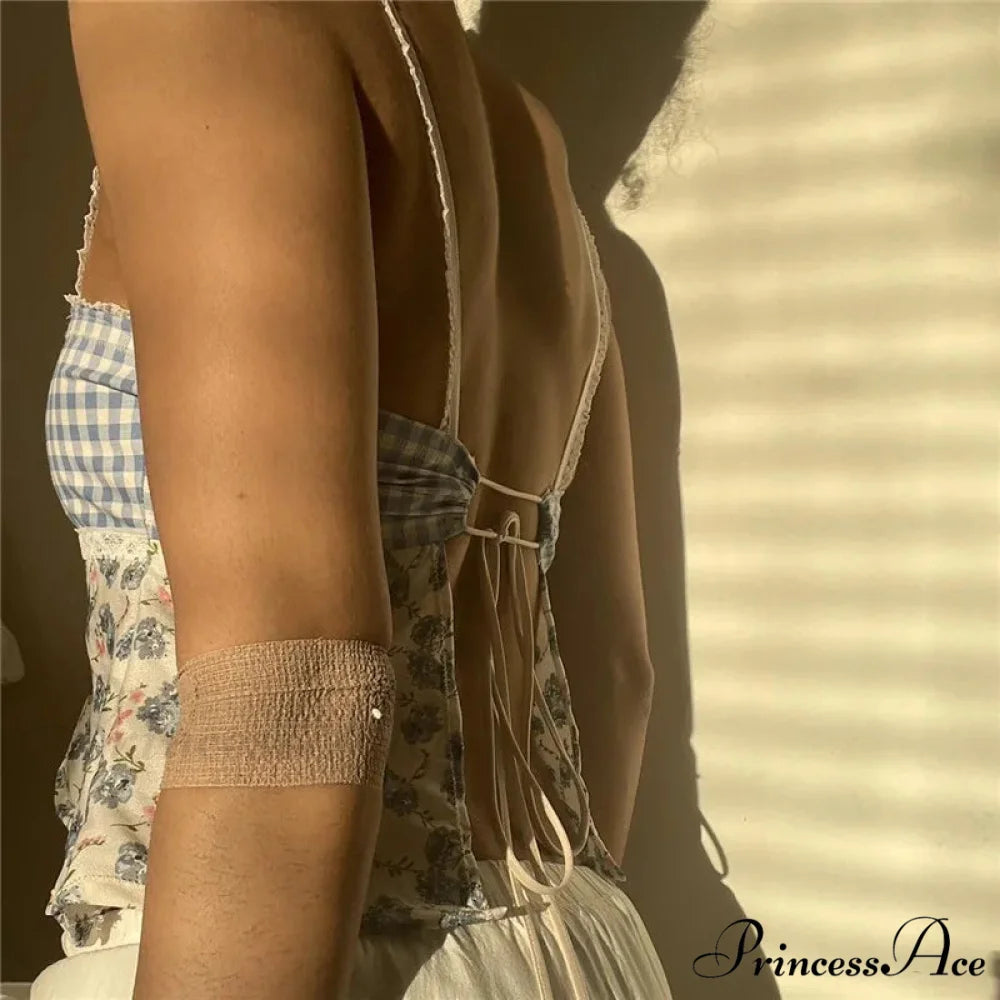 Y2K Lace Trim Checkered Floral Sleeveless Crop Top croptop-250126