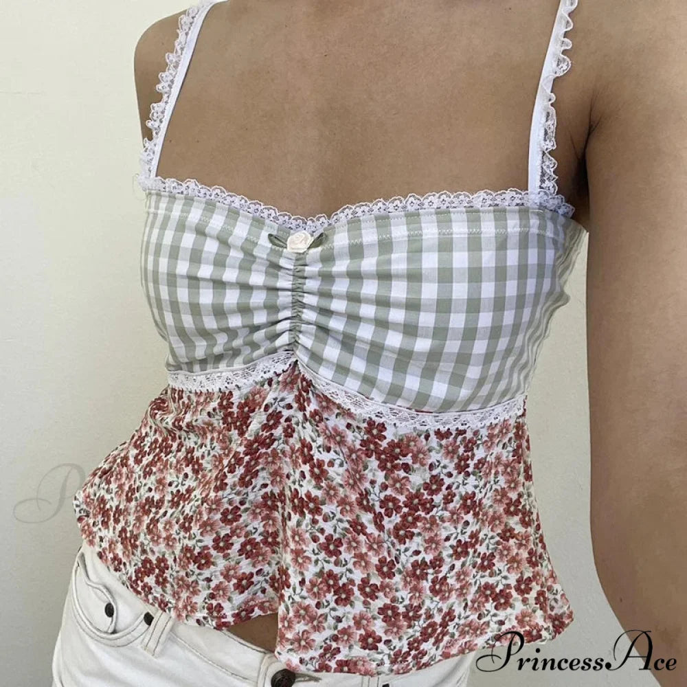Y2K Lace Trim Checkered Floral Sleeveless Crop Top croptop-250126