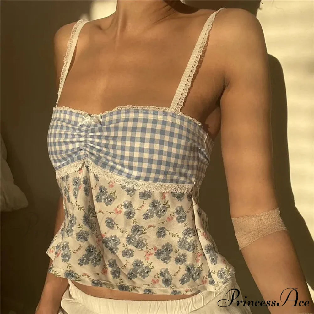 Y2K Lace Trim Checkered Floral Sleeveless Crop Top white / S croptop-250126