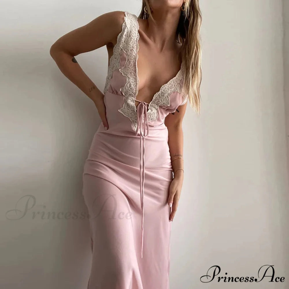 Y2K Lace Trim Extended Holiday Dress pink / S vacationdress-250223