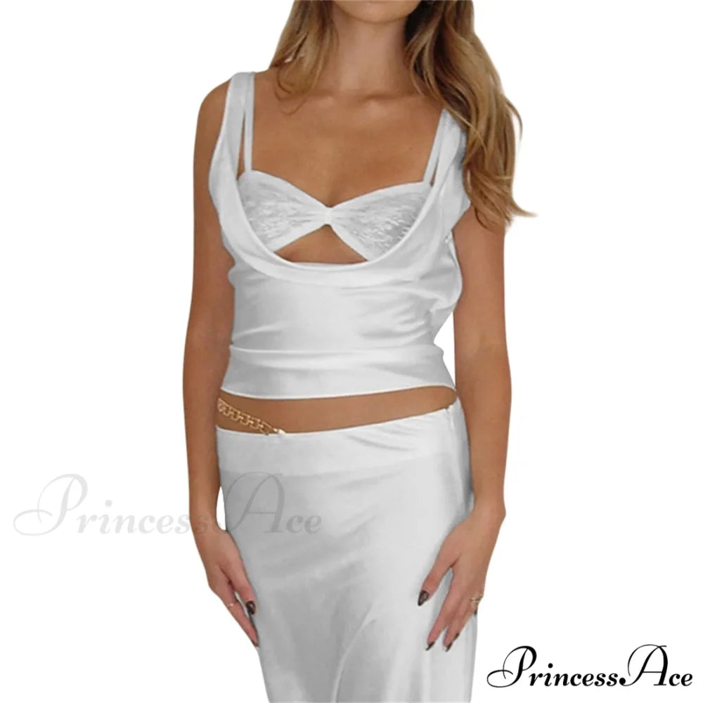 Y2k Lace Trim Slim Fit Low Cut Sleeveless Backless Stylish Elegant Trendy Crop Top WHITE / S