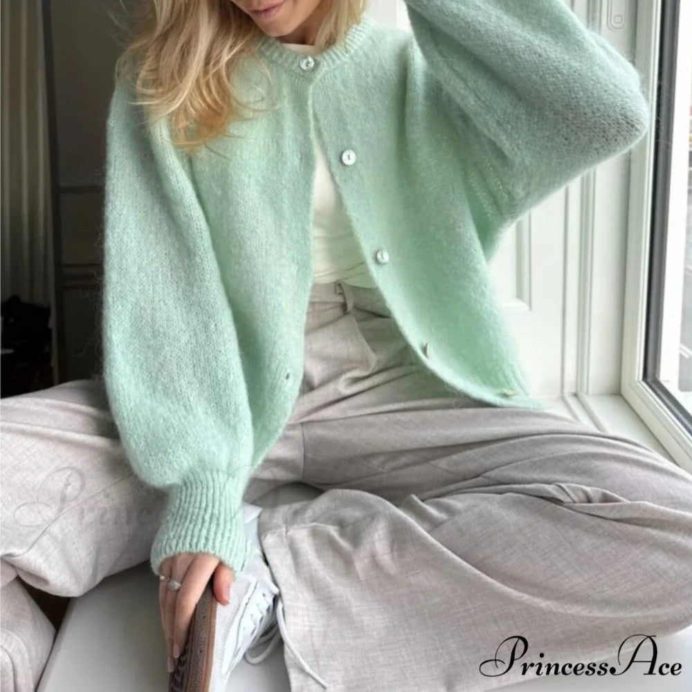 Y2K Lengthy Sleeve Pullover Knit Informal Cardigan green / S cardiagn-250126