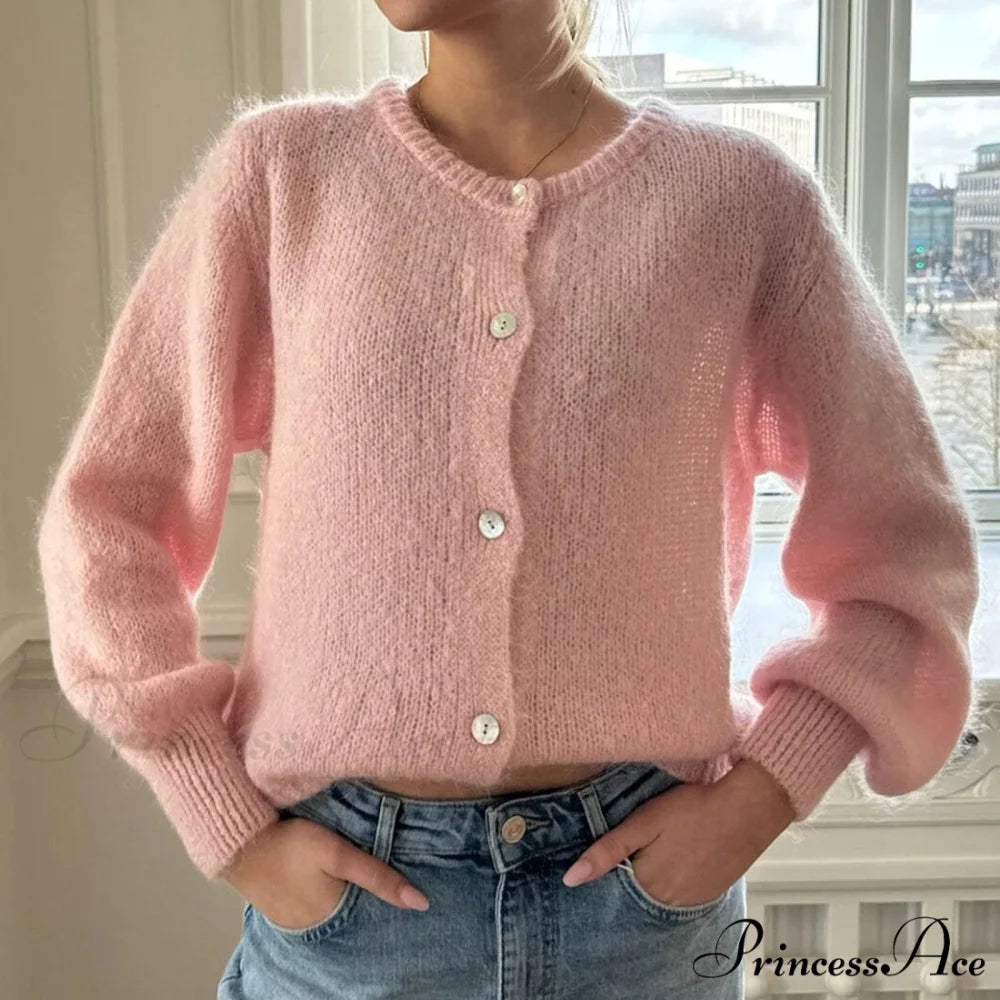 Y2K Lengthy Sleeve Pullover Knit Informal Cardigan pink / S cardiagn-250126