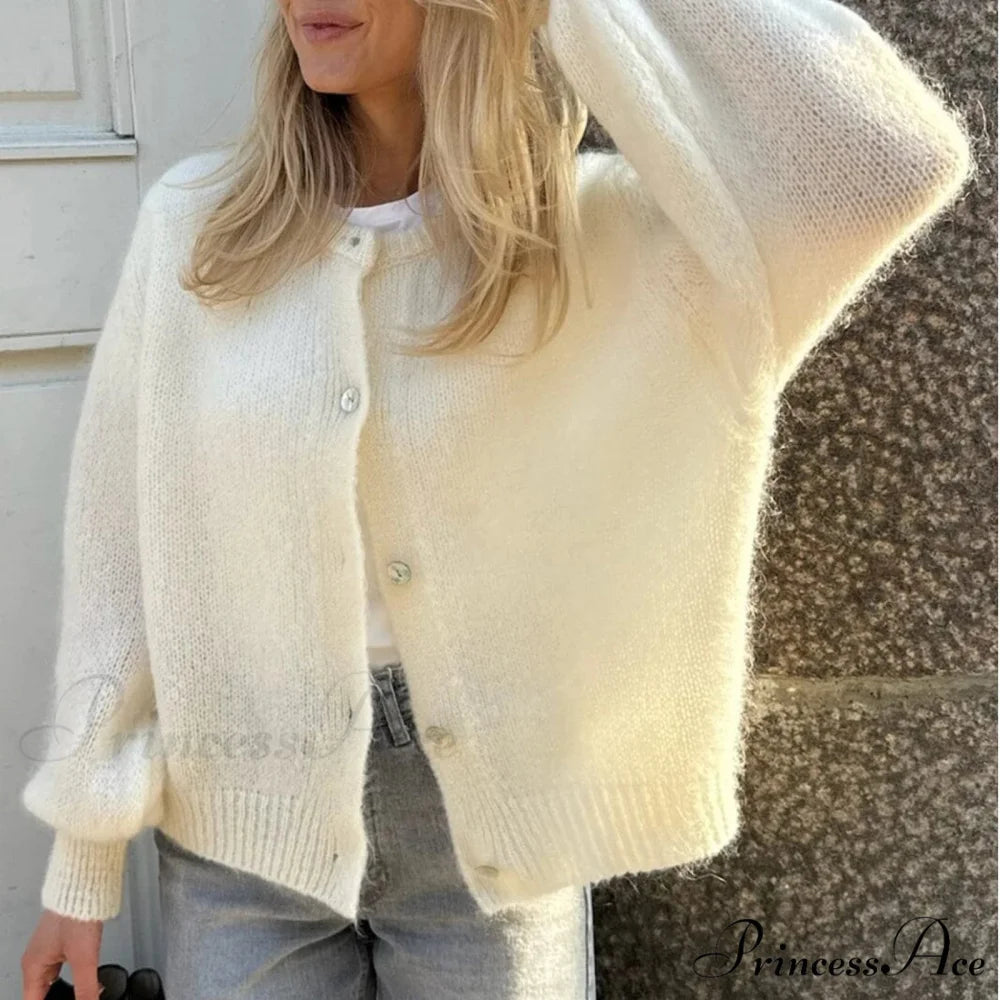 Y2K Lengthy Sleeve Pullover Knit Informal Cardigan white / S cardiagn-250126