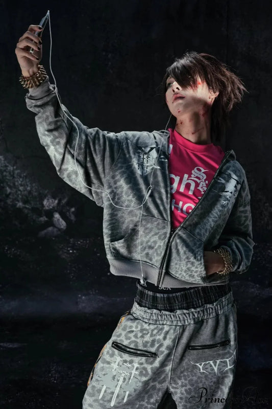 Y2K Leopard Striped Street Zip Hoodie