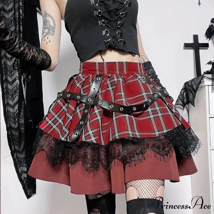 Y2k Lolita Cake Mini Gothic Harajuku Girls Plaid Pleated Sweet Lace Kawaii Skirt