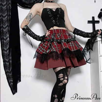 Y2k Lolita Cake Mini Gothic Harajuku Girls Plaid Pleated Sweet Lace Kawaii Skirt