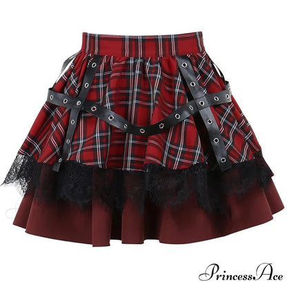 Y2k Lolita Cake Mini Gothic Harajuku Girls Plaid Pleated Sweet Lace Kawaii Skirt RED / S