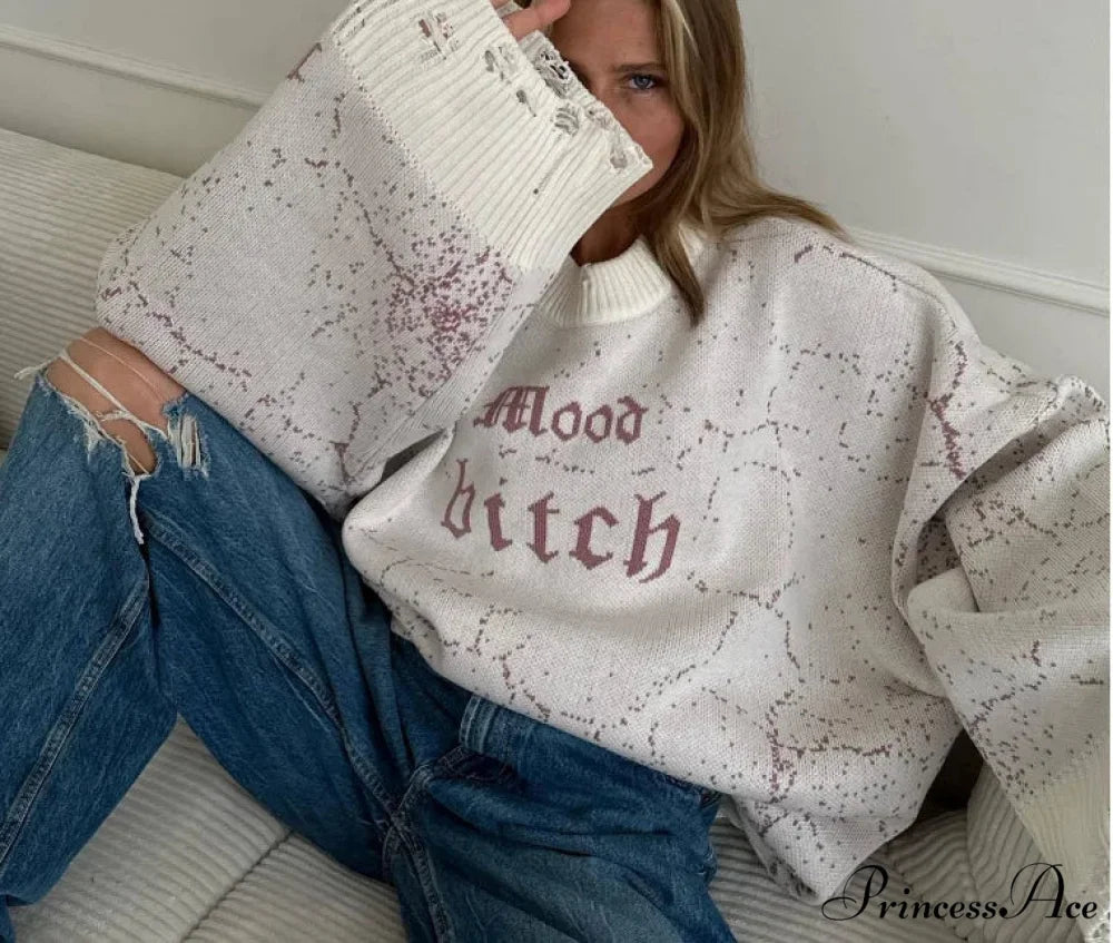 Y2K Loose Torn Knit Sweater gray / One Size swraters-241228