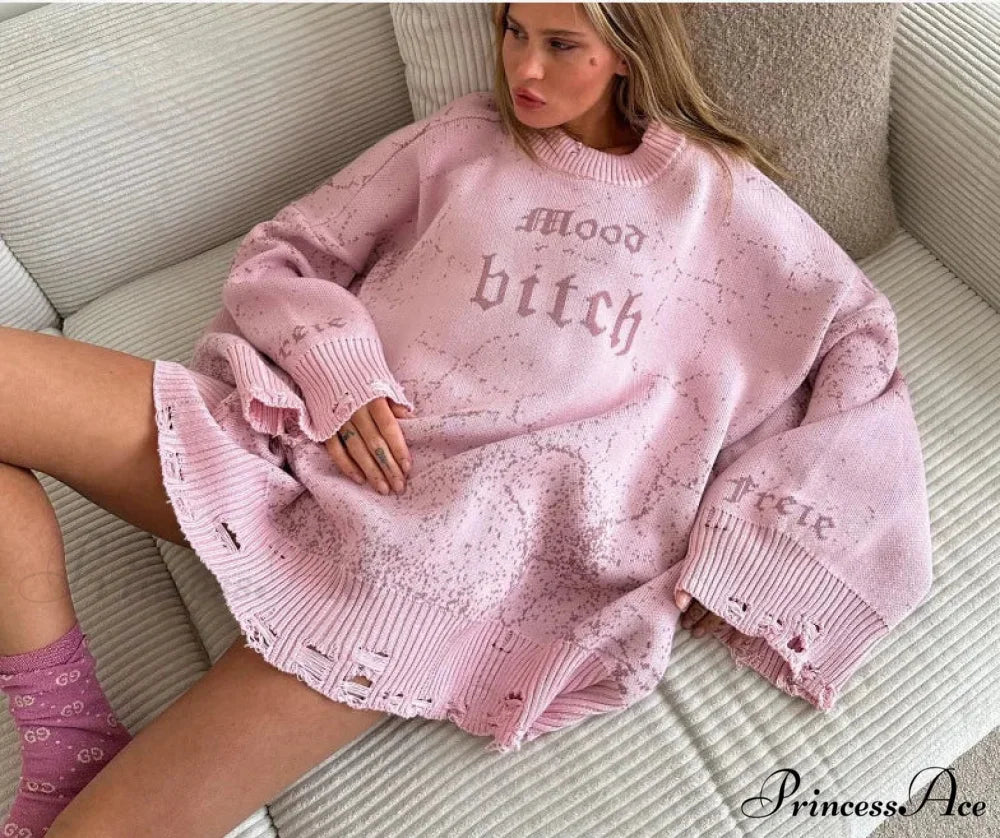 Y2K Loose Torn Knit Sweater light pink / One Size swraters-241228