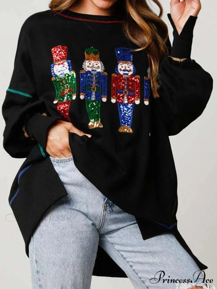 Y2K Nutcracker Graphic Sequin Long Sleeve Crewneck Pullover Christmas Hoodie Black / S Christmas Hoodies-L