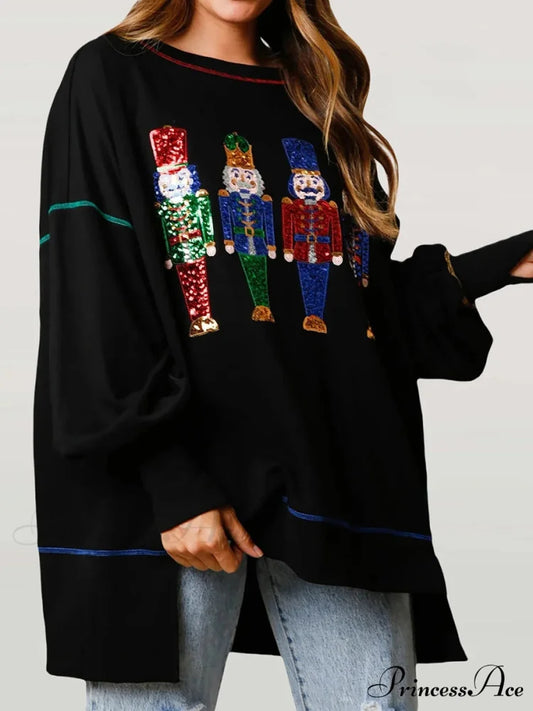 Y2K Nutcracker Graphic Sequin Long Sleeve Crewneck Pullover Christmas Hoodie Christmas Hoodies-L
