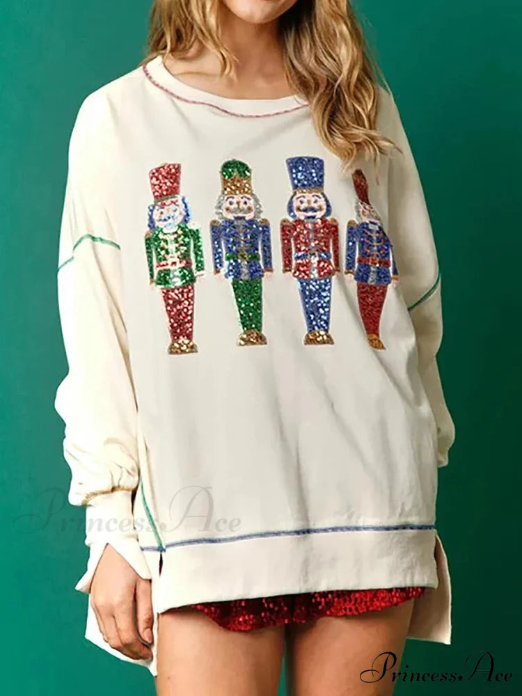 Y2K Nutcracker Sequin Long Sleeve Crewneck Christmas Hoodie Beige / S Christmas Hoodies-L