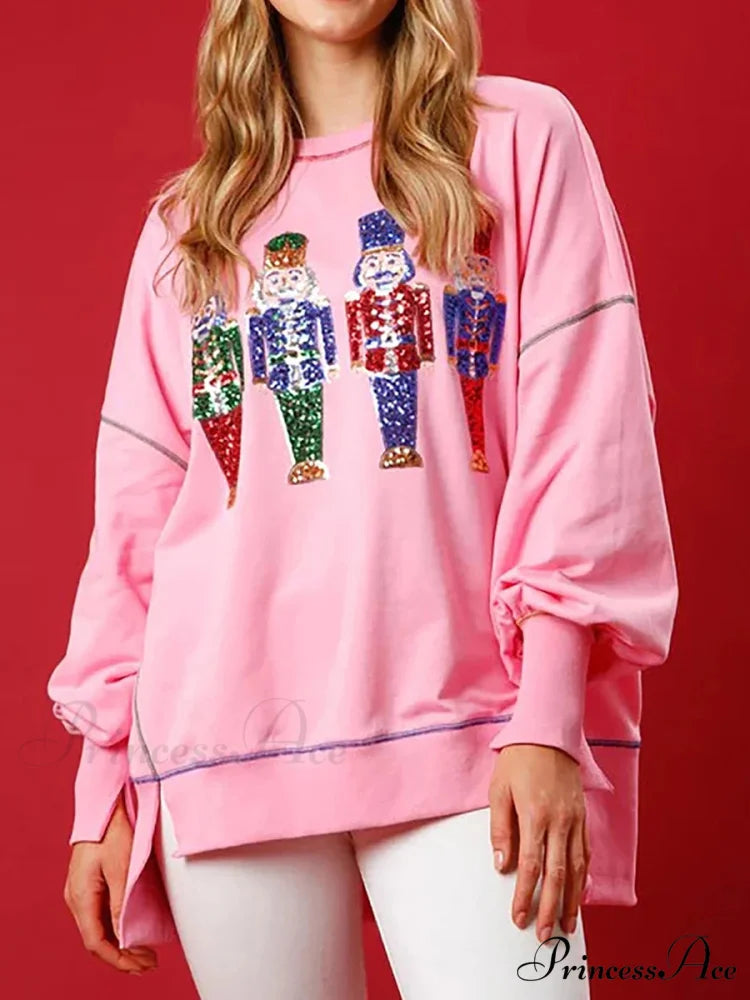 Y2K Nutcracker Sequin Long Sleeve Crewneck Christmas Hoodie Pink / S Christmas Hoodies-L
