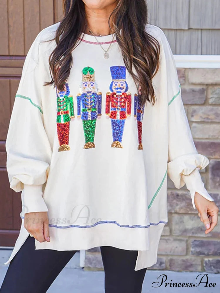 Y2K Nutcracker Sequin Long Sleeve Crewneck Christmas Hoodie WHITE / S Christmas Hoodies-L