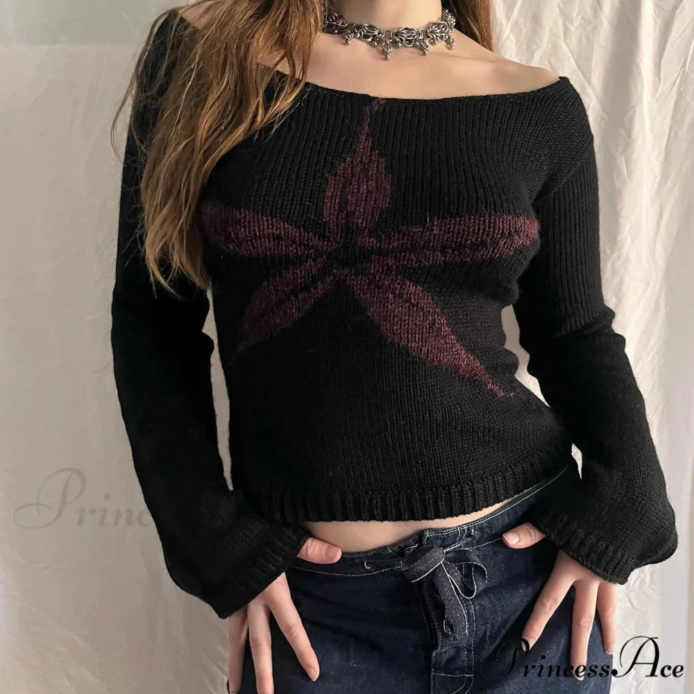 Y2K Off Shoulder Ribbon Graphic Pullover Knit Top BLACK1 / S knittop-250126