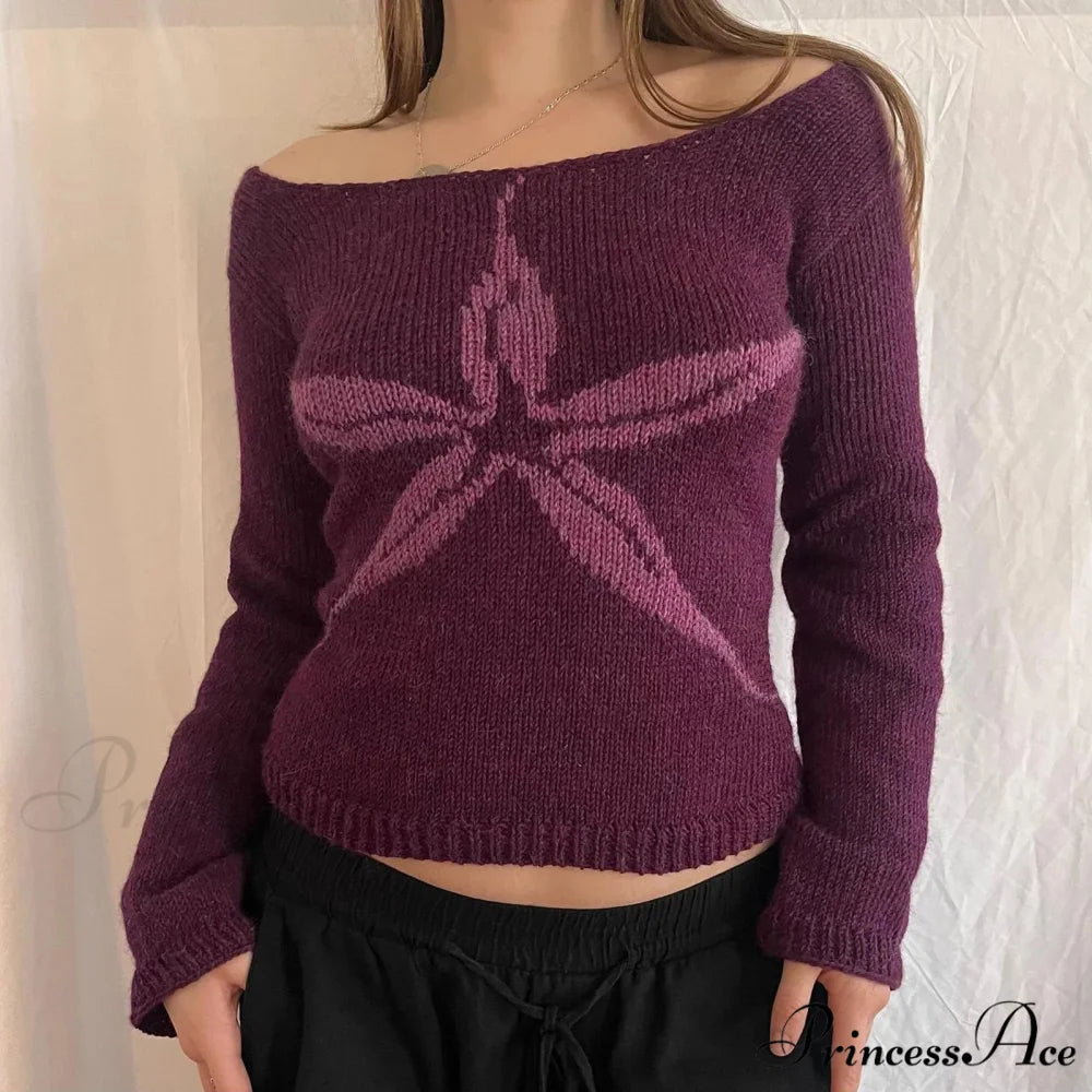 Y2K Off Shoulder Ribbon Graphic Pullover Knit Top knittop-250126