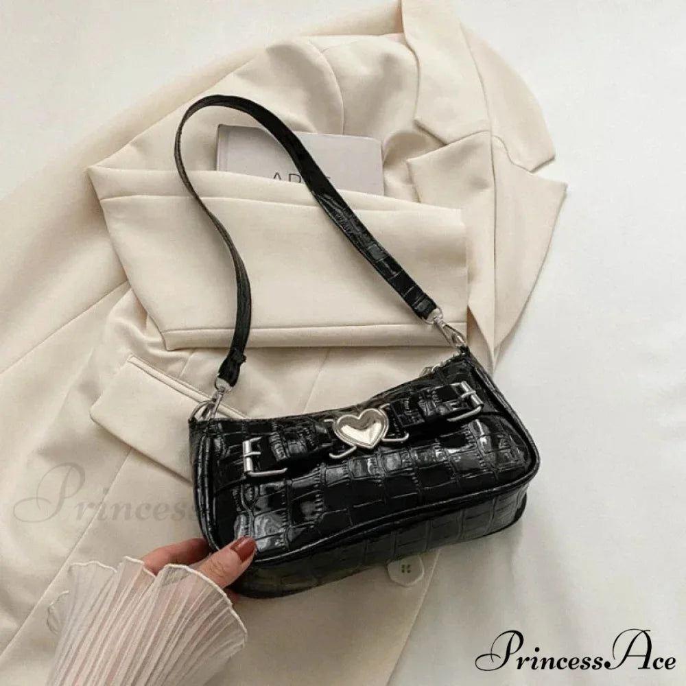 Y2K Peach Love Leather Shoulder Bag Black shoulder-250126