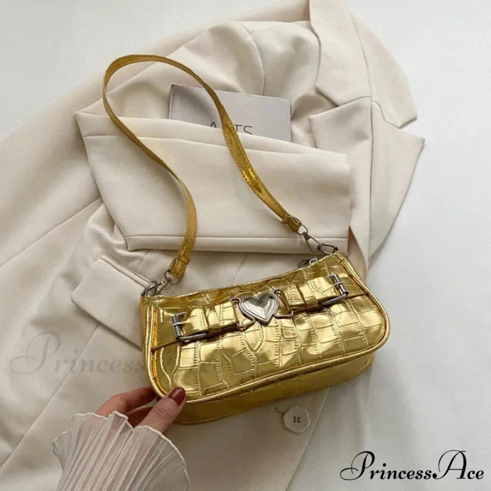 Y2K Peach Love Leather Shoulder Bag Gold shoulder-250126