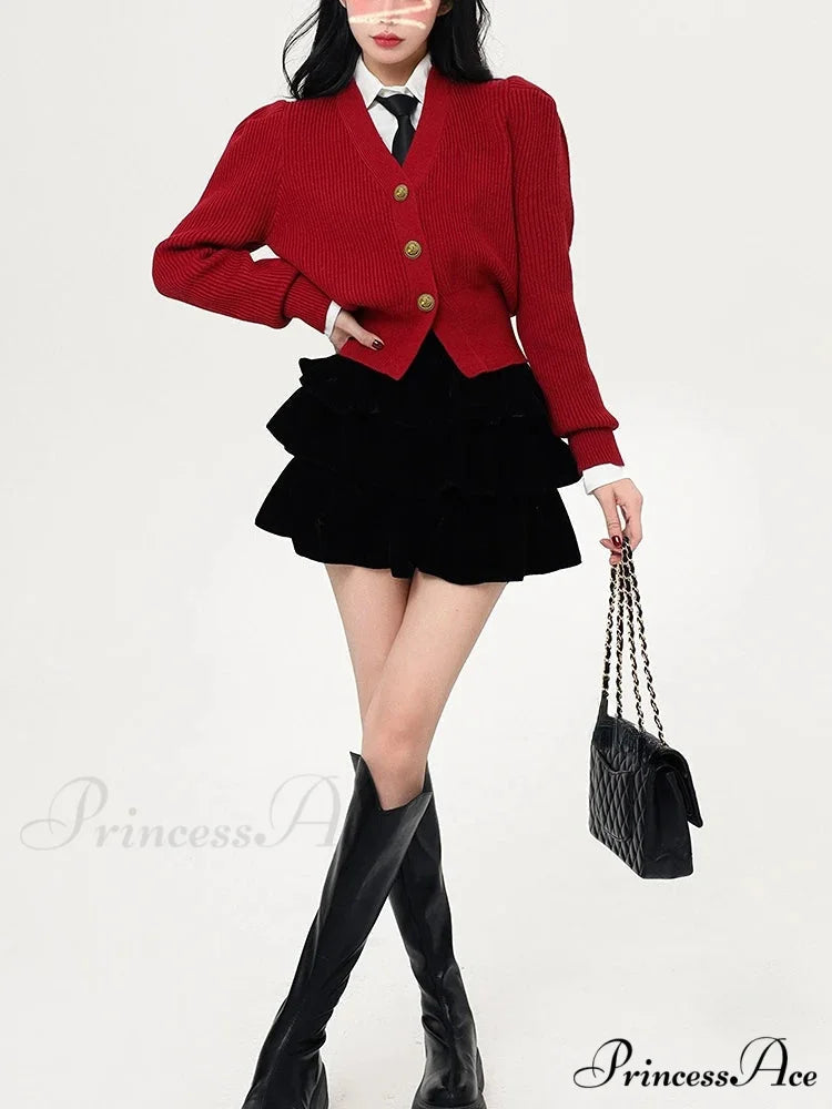 Y2K Red Crop V-neck Cardigan