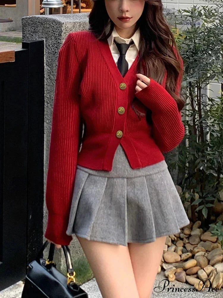 Y2K Red Crop V-neck Cardigan Red / S