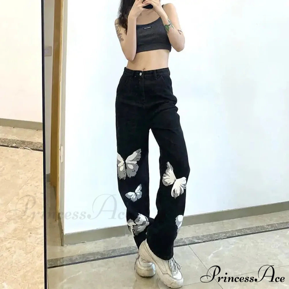 Y2K Retro Ebony Wide Leg Denim Trousers pants-241228