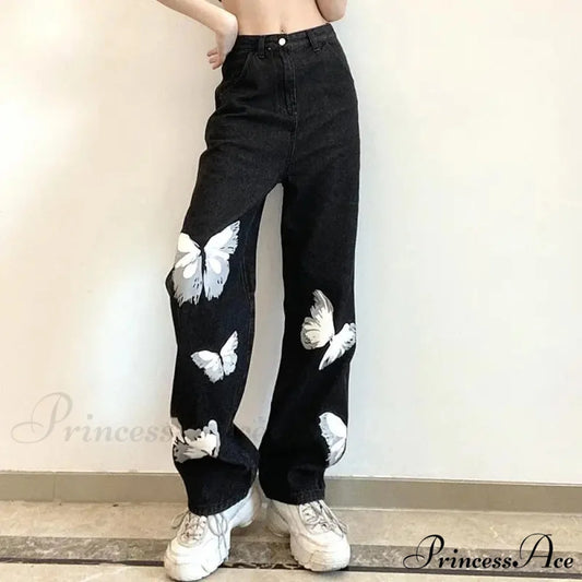 Y2K Retro Ebony Wide Leg Denim Trousers pants-241228