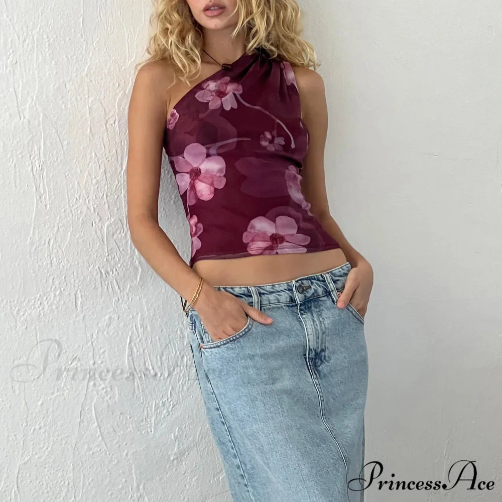 Y2K Retro Gathered Single Shoulder Slim Crop Top PURPLE / S