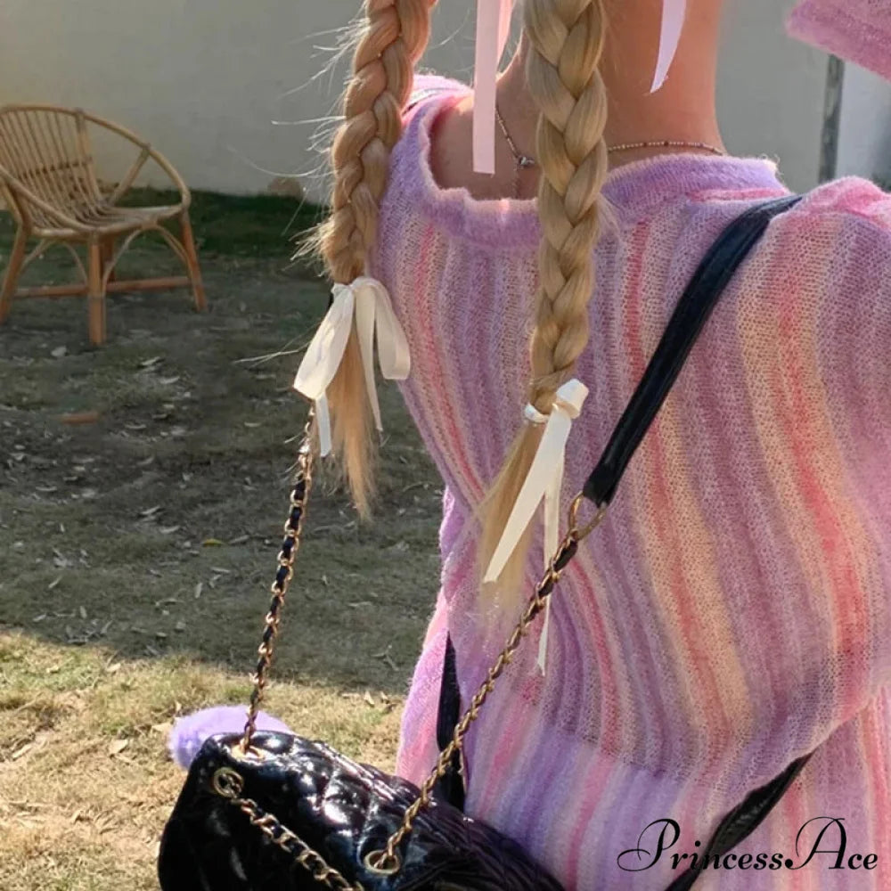 Y2K Retro Long Sleeve Vertical Stripe Print Knit Top knittop-250126