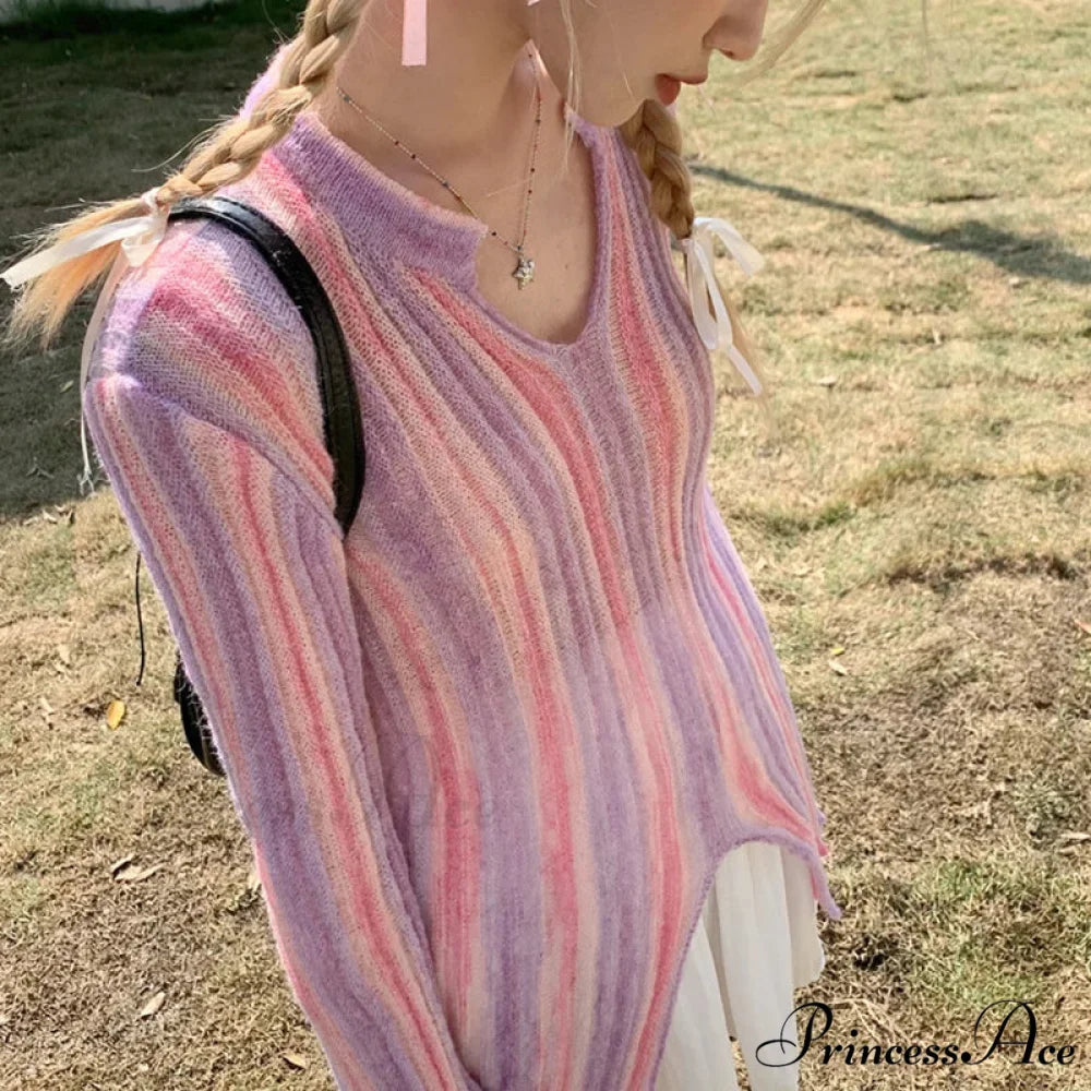 Y2K Retro Long Sleeve Vertical Stripe Print Knit Top knittop-250126