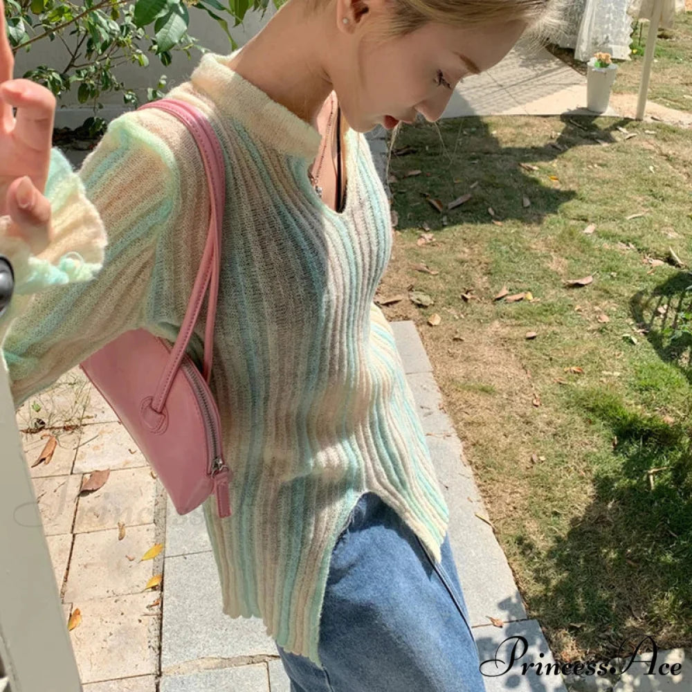 Y2K Retro Long Sleeve Vertical Stripe Print Knit Top knittop-250126