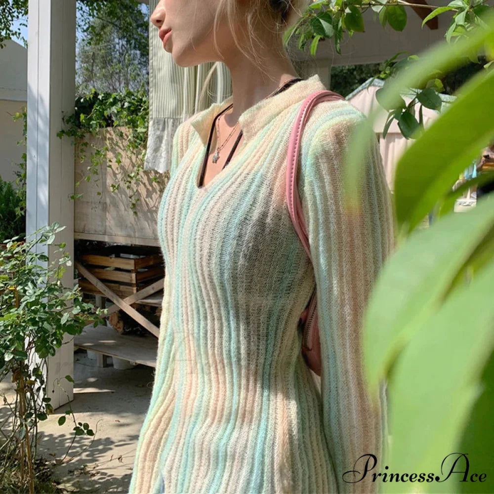 Y2K Retro Long Sleeve Vertical Stripe Print Knit Top knittop-250126