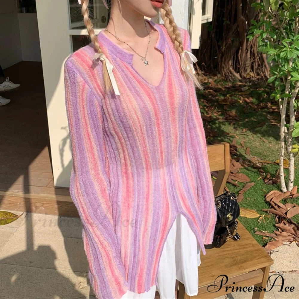 Y2K Retro Long Sleeve Vertical Stripe Print Knit Top Pink / One Size knittop-250126