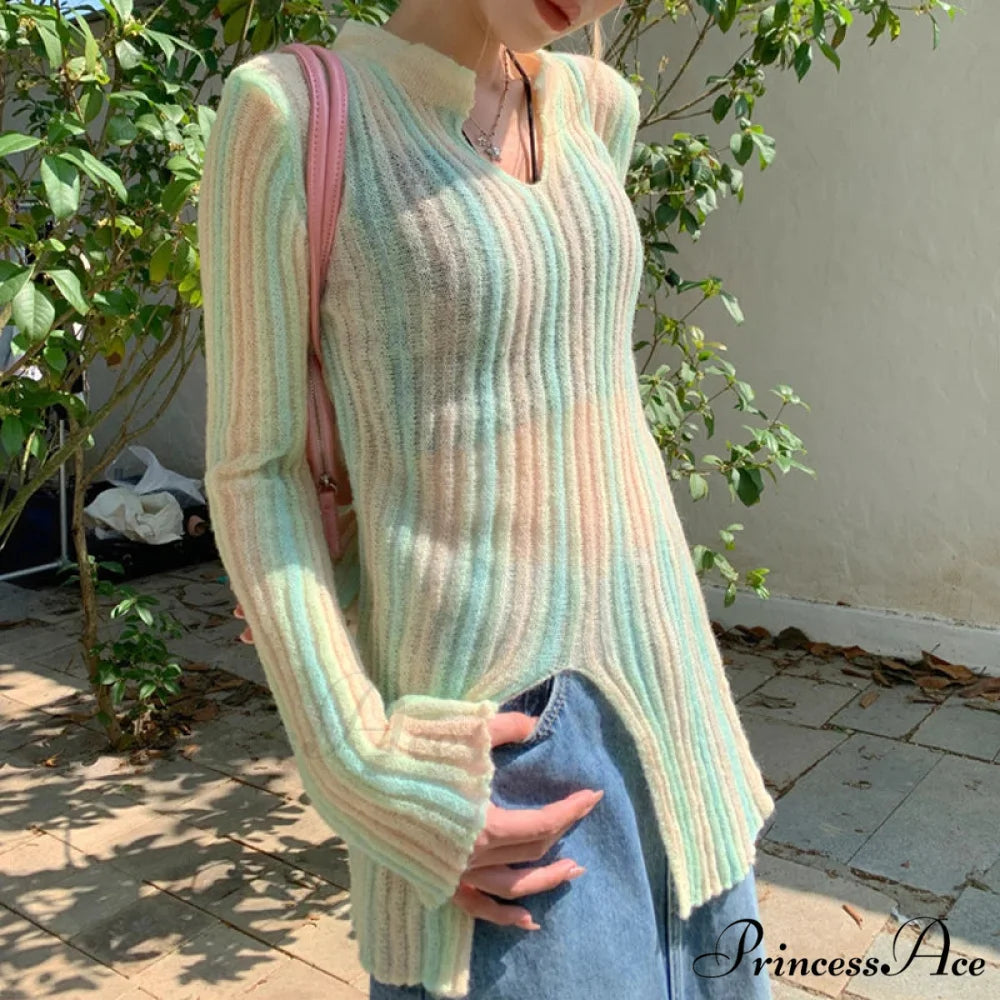 Y2K Retro Long Sleeve Vertical Stripe Print Knit Top Yellow / One Size knittop-250126