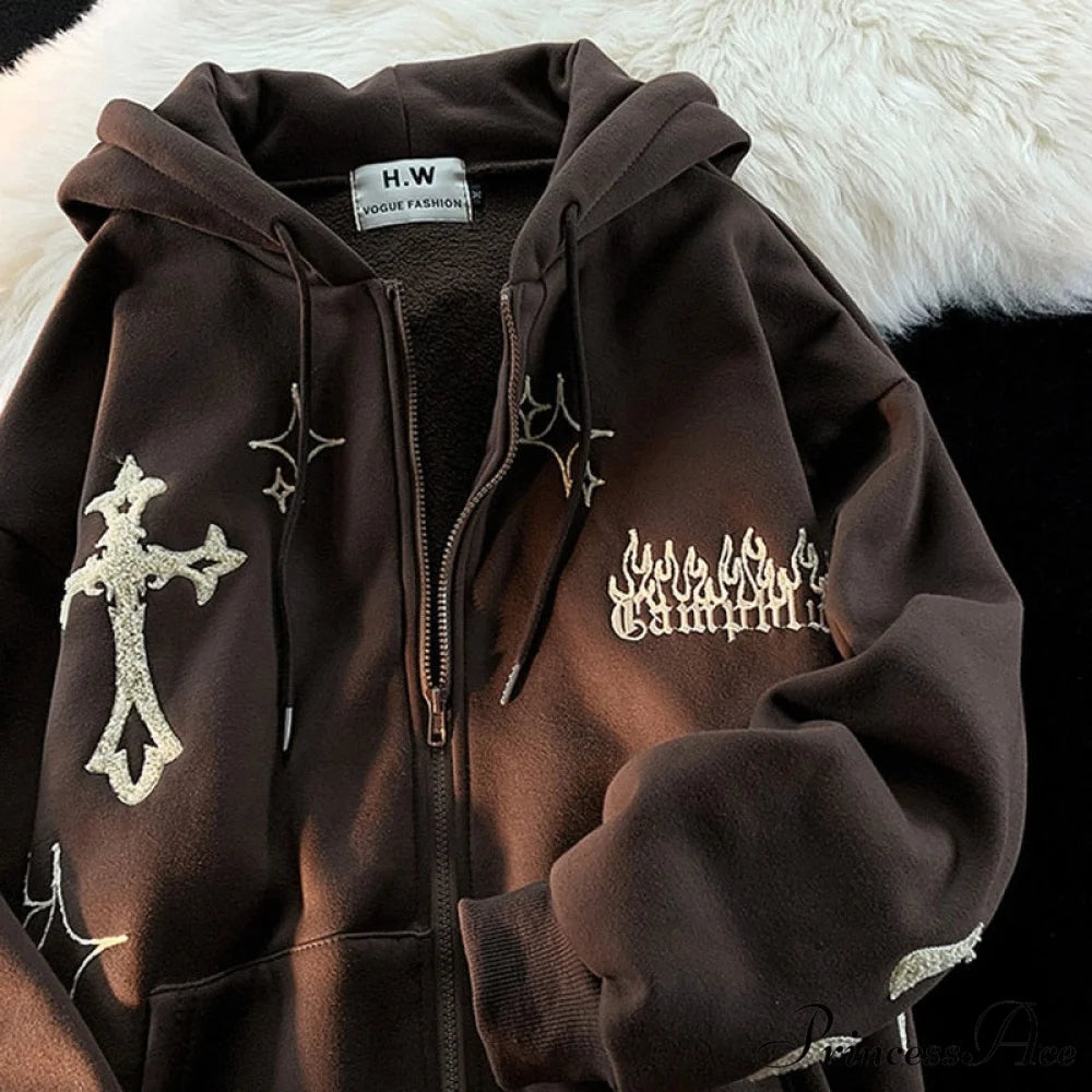 Y2k Rhinestone Skeleton Goth Hoodie brown / M