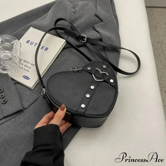Y2K Rivet Heart-Shaped Crossbody Bag Black crossbody-250126