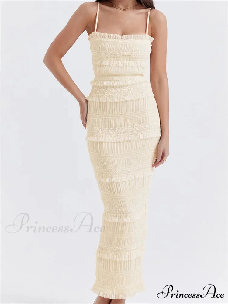 Y2K Ruched Sleeveless Strap Sling for Women Ruffles Square Neck Low Cut Back Split Female Vestidos BEIGE / S