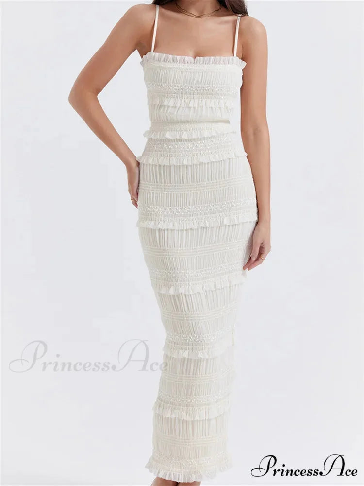 Y2K Ruched Sleeveless Strap Sling for Women Ruffles Square Neck Low Cut Back Split Female Vestidos WHITE / S