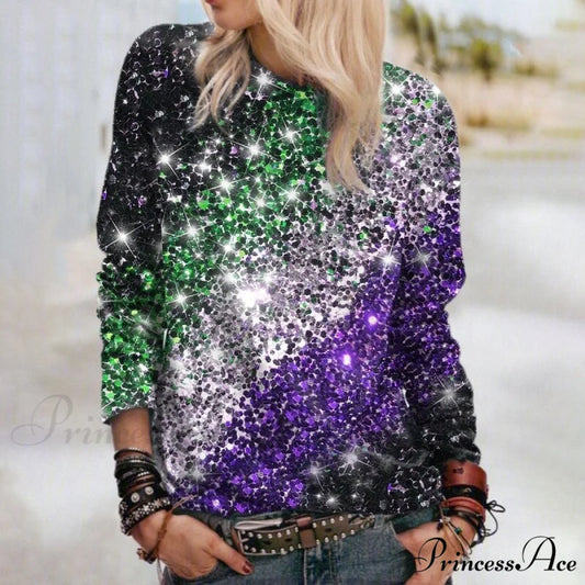 Y2k Sequins Gemstone Print Long Sleeves O-neck Pullover 1 / S